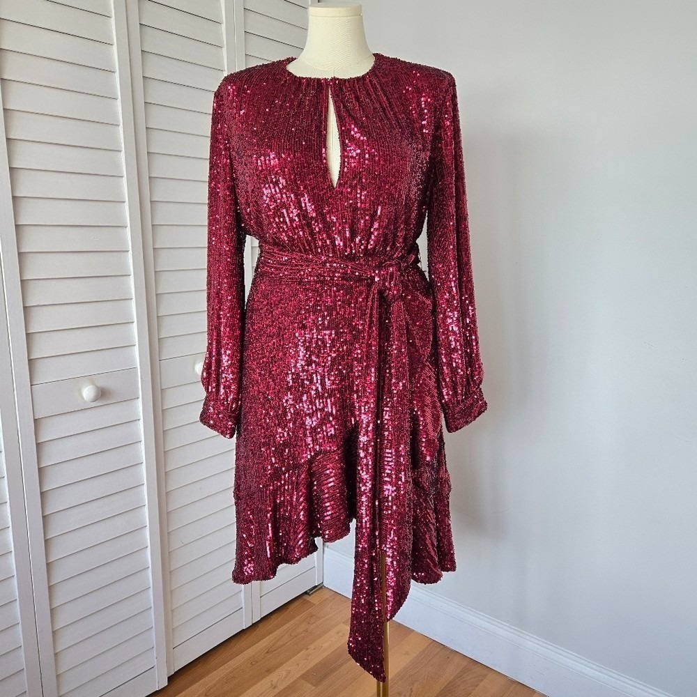 Sachin & Babi Burgundy Sequin Midi Dress L Designer Runway Glam Luxe Holiday NYE - Picture 2 of 14